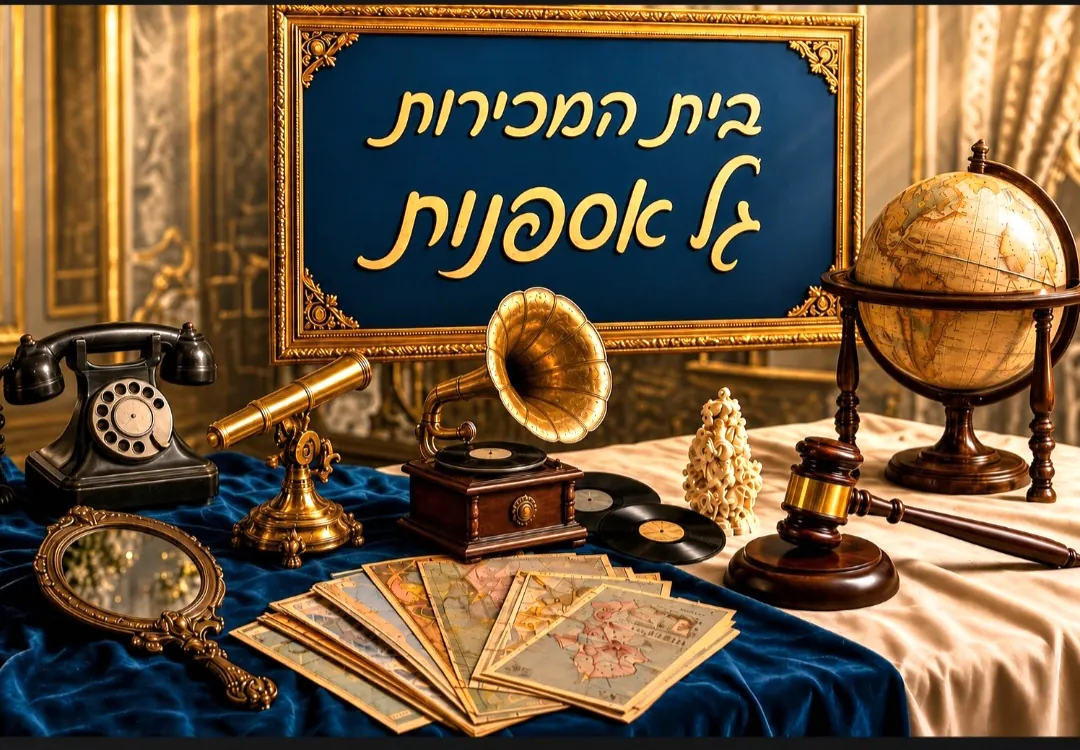 שלט בית המכירות גל אספנות מעל שולחן עם פריטי אספנות — טלפון עתיק, גרמופון, גלובוס, פטיש מכירה פומבית וגלויות ישנות