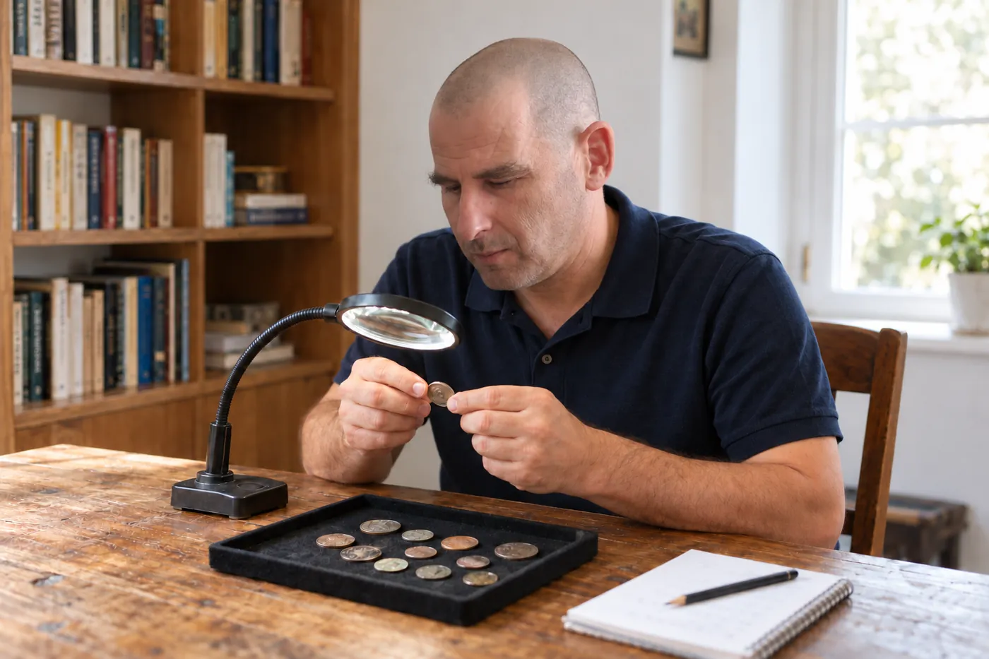גל הולנדר, מומחה בהערכת חפצים ובעל בית מכירות פומביות, בודק מטבע בזכוכית מגדלת