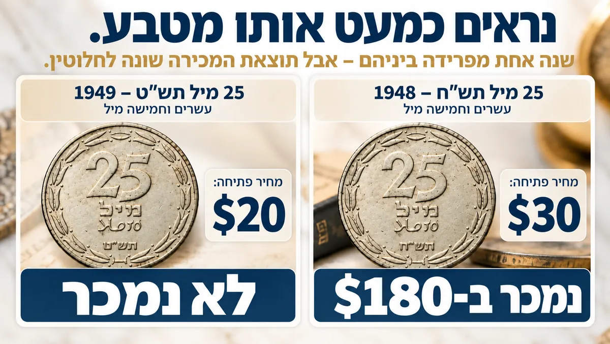 שני מטבעות 25 מיל כמעט זהים: תש״ח 1948 נמכר ב-180 דולר ממחיר פתיחה של 30 דולר, ותש״ט 1949 לא נמכר במחיר פתיחה של 20 דולר